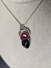 Load image into Gallery viewer, Rocky Horror - Don't Dream It with rose-cut rhodolite garnet and radial cut black onyx
