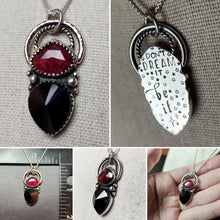 Load image into Gallery viewer, Rocky Horror - Don't Dream It with rose-cut rhodolite garnet and radial cut black onyx
